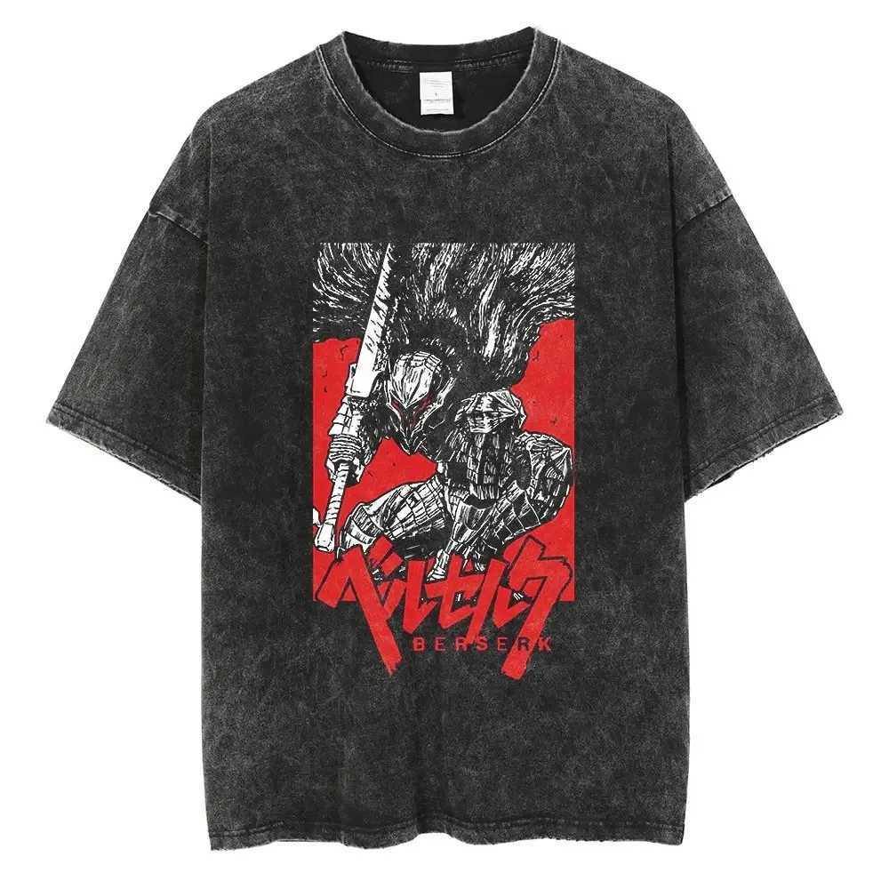 Mens Washing T-shirt Fury Anime T-shirt Guts Skeleton Knight Graphic Printing T-shirt Cotton Short Sleeve Neutral Street Clothing 2024T250318