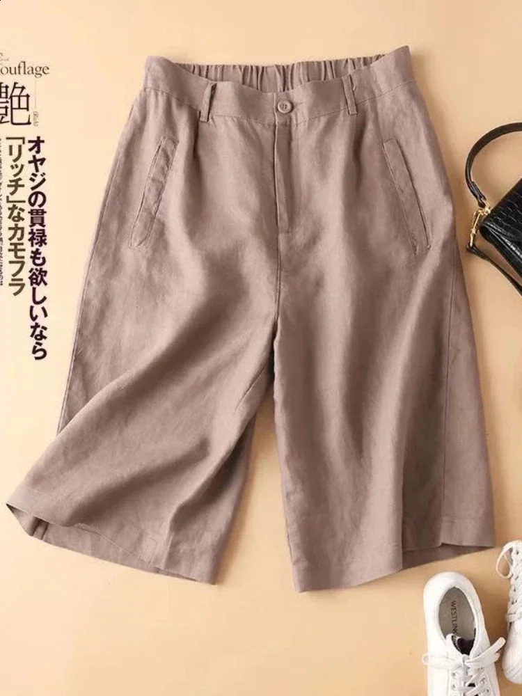 Linen Womens Summer Shorts Casual Elastic Waist White Shorts Solid Basic Loose Wide Leg Cotton Linen Women High Waist Short 250318