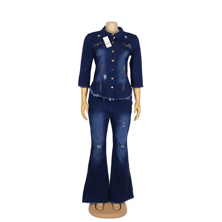 Two piece womens denim suit jeans jacket single chest revolving door collar sparkling pants womens clothing casual ensemble 250314