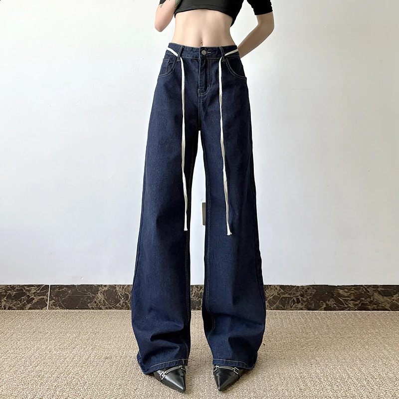 HEYounMIRL Fashion Waist Rope Basic Korean Bag Jeans Deep Blue Loose Suitable for Wide Leg Pants Harajuku Retro Cowboy Street 250317