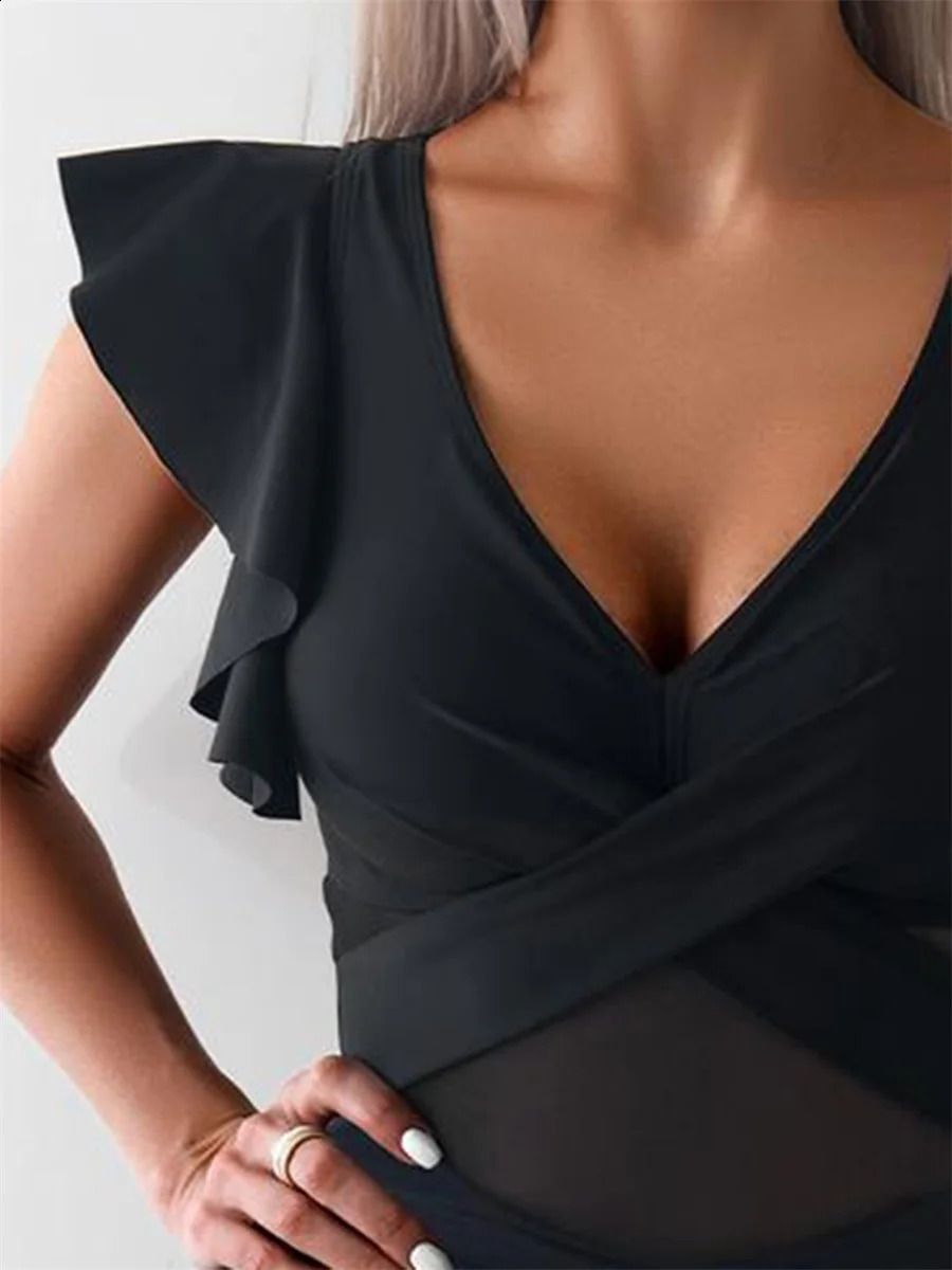 Womens swimsuit front cross n pleated sleeves Vneck beach quick drying 250312