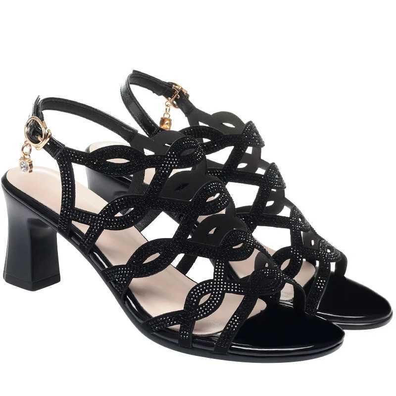 New Arrival Womens Sandals Soft Leather PU Med Block High Heel Sandals Black Thick Platform Shoes Womens Open Toe Party Wedding Shoes T250318