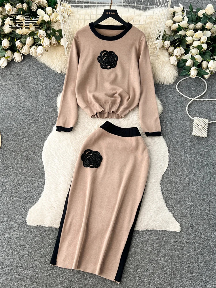 SINGREINY Elegant Two Piece Knit Set Winter Flower n Long Sleeve Pullover Elastic Waist Long Skirt Fashion Sweater Suit 250318