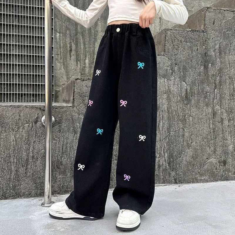 Girls retro black embroidered bow embroidered wide-legged trousers high waist straight tube show thin floor pants 5-14 years oldT250318