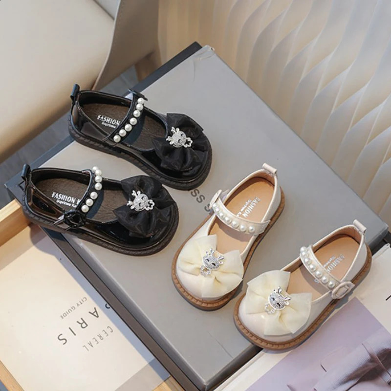 Girls Leather Shoes for School Party Wedding Princess Kids Black Loafers Nonslip Children Flats With Bowknot Pearls Beading 250319