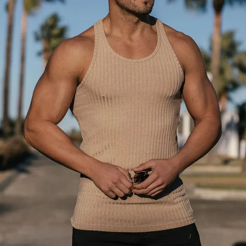 Large Size Mens Sleeveless Summer Knitted Vertical Stripe Fitness Sports Leisure Slim Mens Vest Mens L-Line Vest Mens 250319