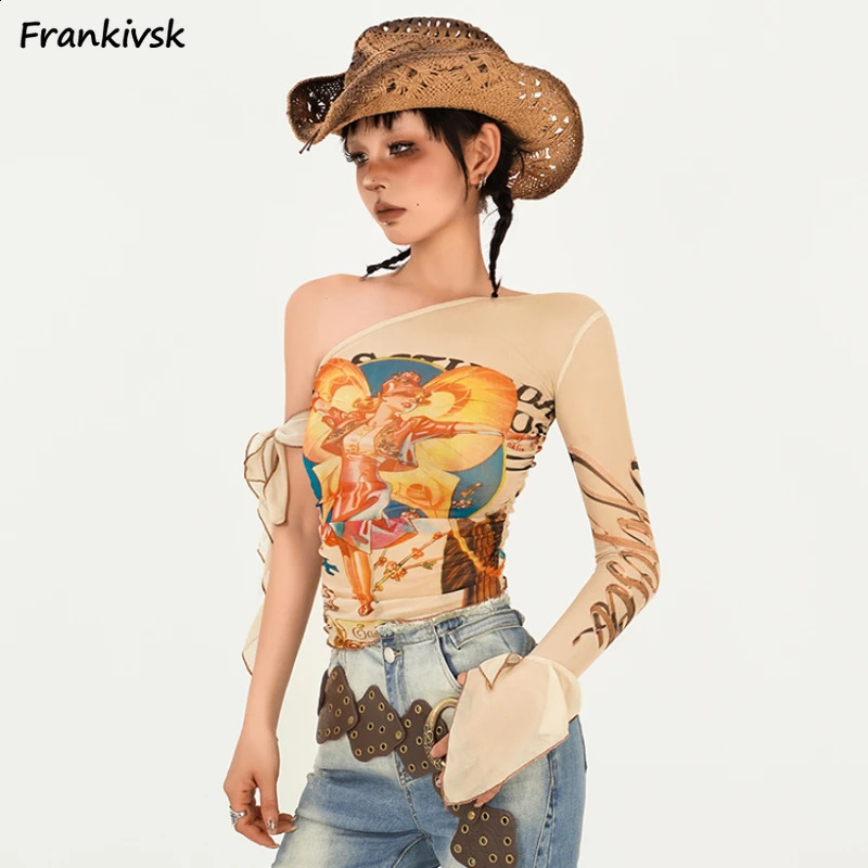 Fungus Women T-shirts Y2k One Shoulder Slim Summer Spicy Girls High Street Flare Sleeve Clothing American Style 250318