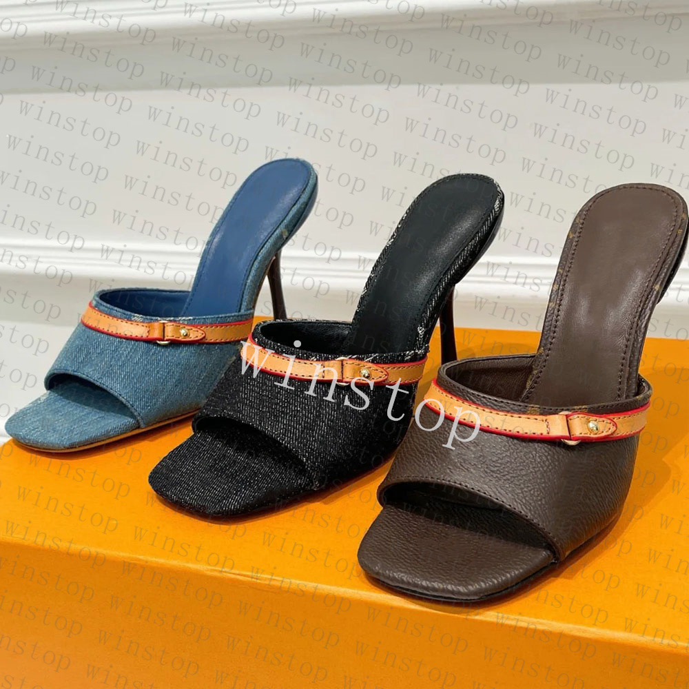 High Heels Designer Sandals Womens Dress Shoes Slippers Mid Heel Neo Revival Mules Heel Ladies denim blue White Black Brown Classics Slides Leather Sandal 35-41 02