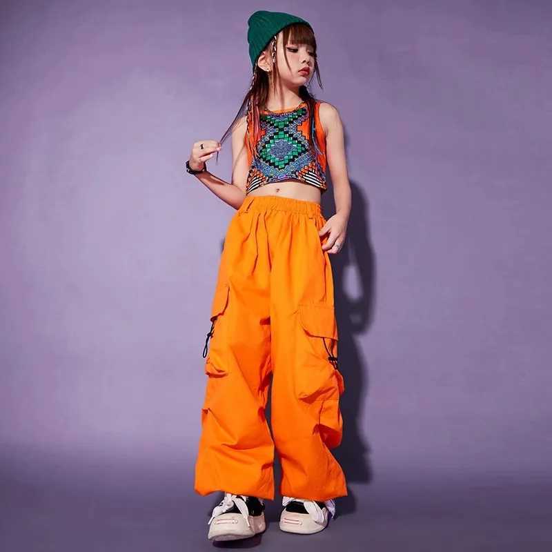 Childrens Kpop hip-hop clothing geometric print crop vest orange casual jogging cargo pants girls jazz dance clothingT250318