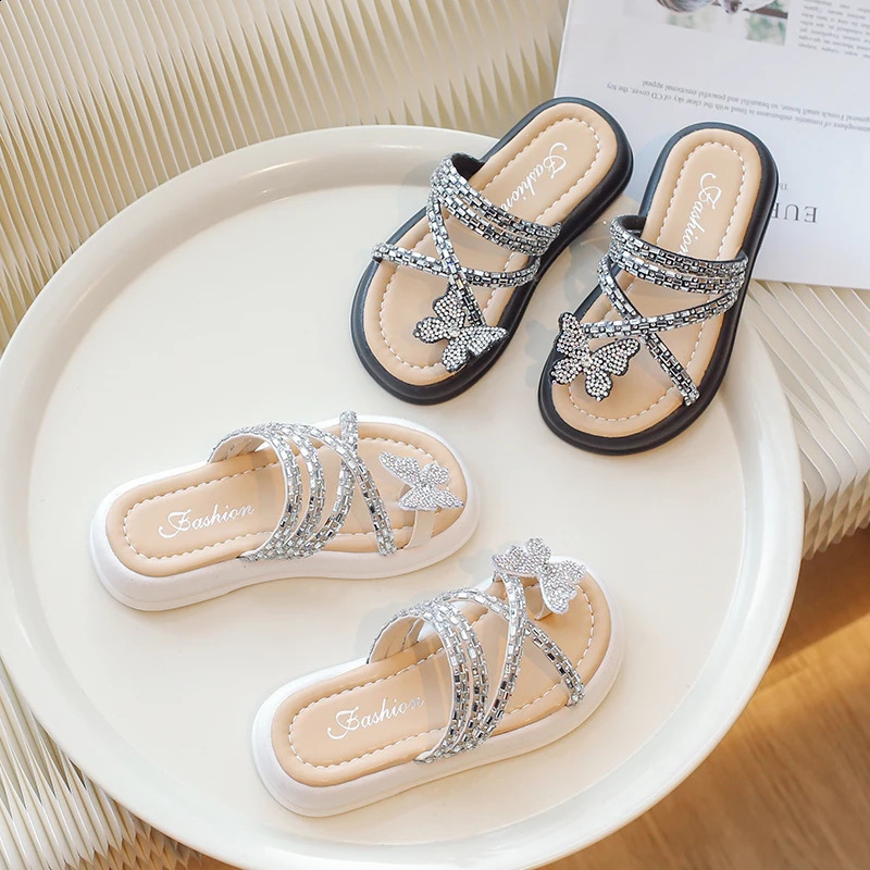 Girls elegant beach flat shoes childrens summer fashion sandals students outdoor butterfly slippers flip cover 250318