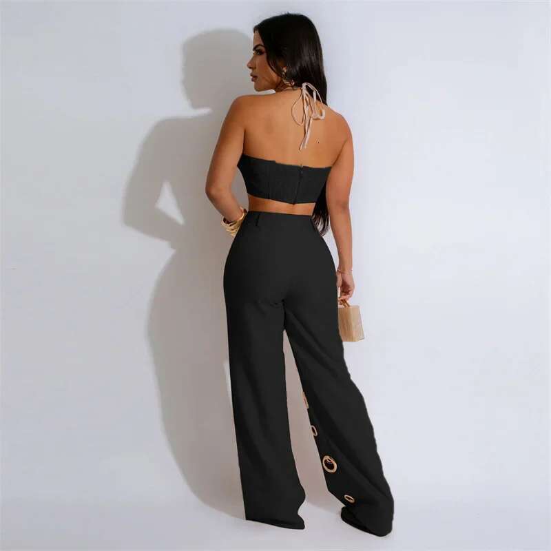 Sexy Night Party 2 Piece Sets Women Outfit Clubwear Festival Clothing Halter Crop Top And Pants Conjuntos Femininos Elegantes