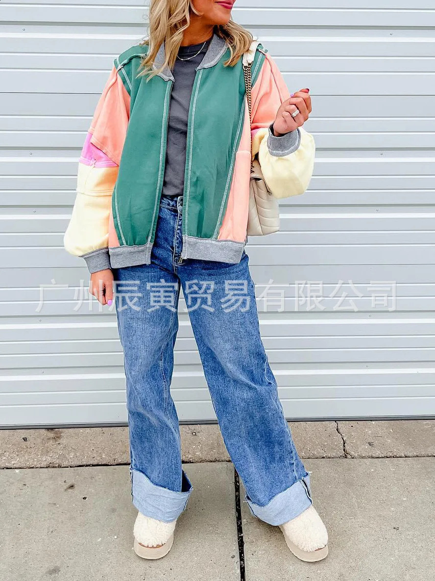 Womens Coats Zipper Baseball Jacket Casual Loose Y2k Street Clothing Punk Splicing Coat Simple Opening Spring 250317