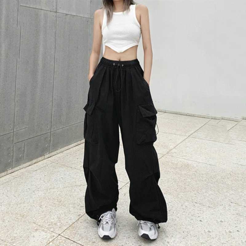 Womens casual pants solid low waisted oversized pockets wide leg pockets womens Y2K streetwear oversized sports pantsT250318