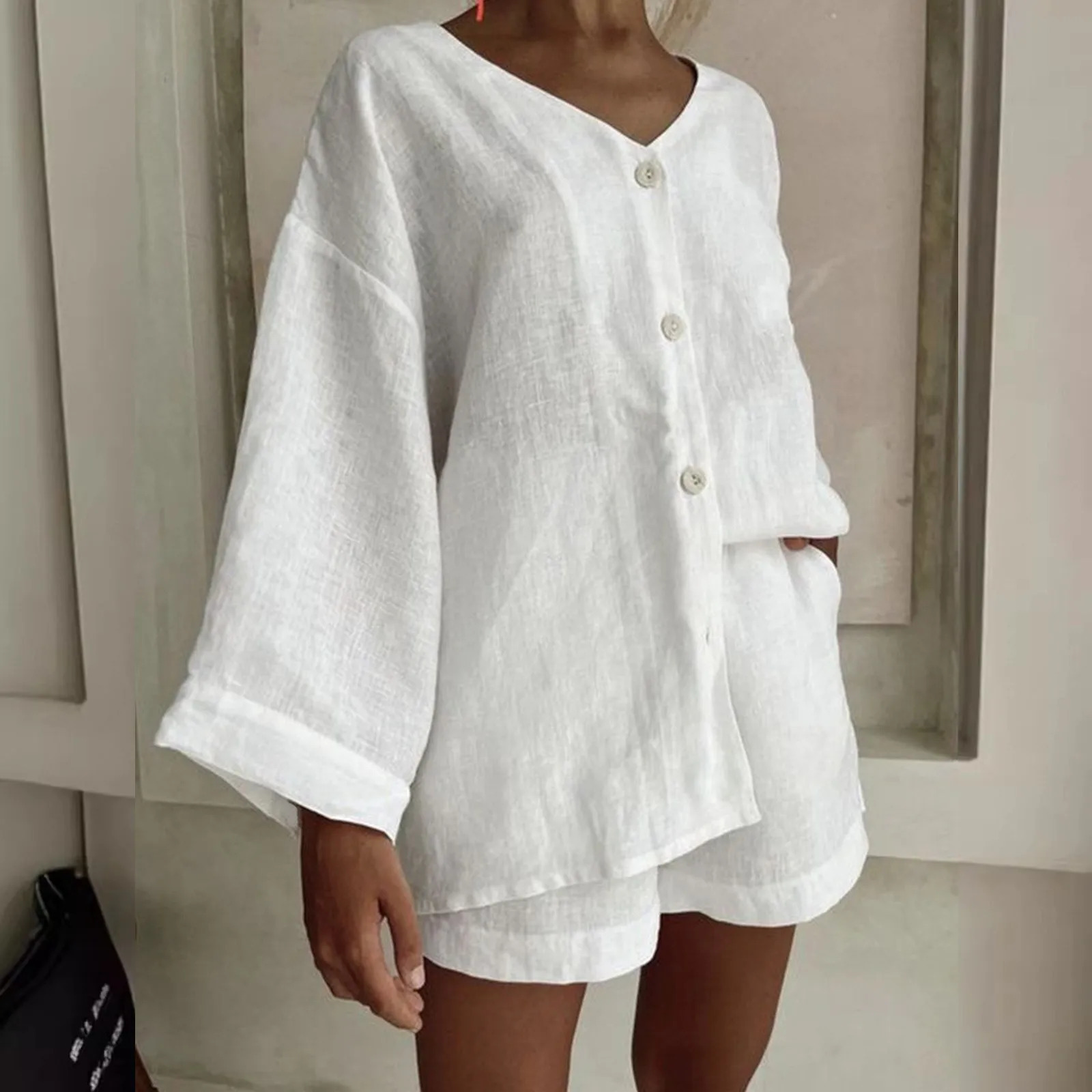 Spring/Summer Womens Holiday Shorts Set Womens Casual 2-piece Set Cotton Linen Brushed Elastic Waist Shorts 250318