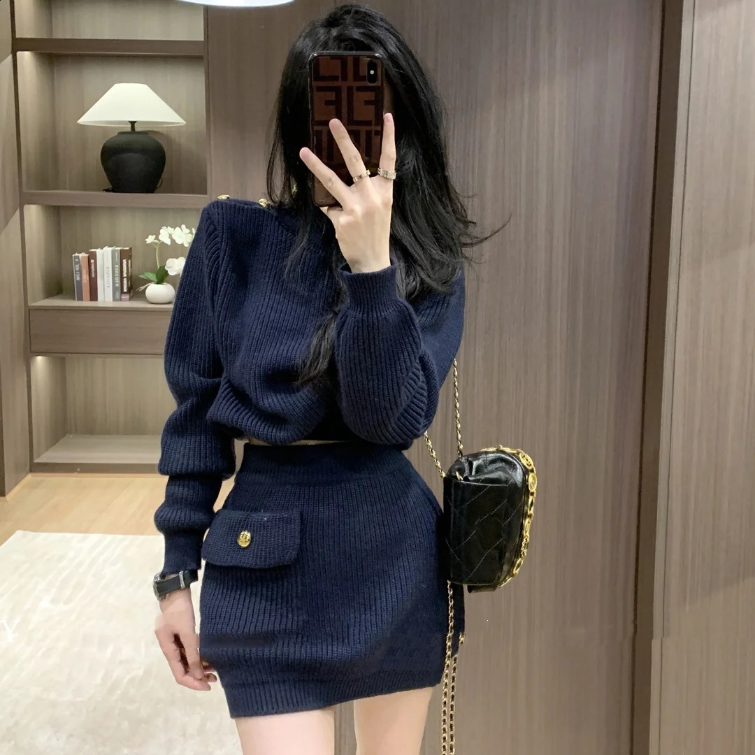 Slim Pullover Sweater Cropped Topsmini Skirt Dress Set Womens Autumn WinterTwo-piece Set Suit Outfit Y2k Streetwear 250318