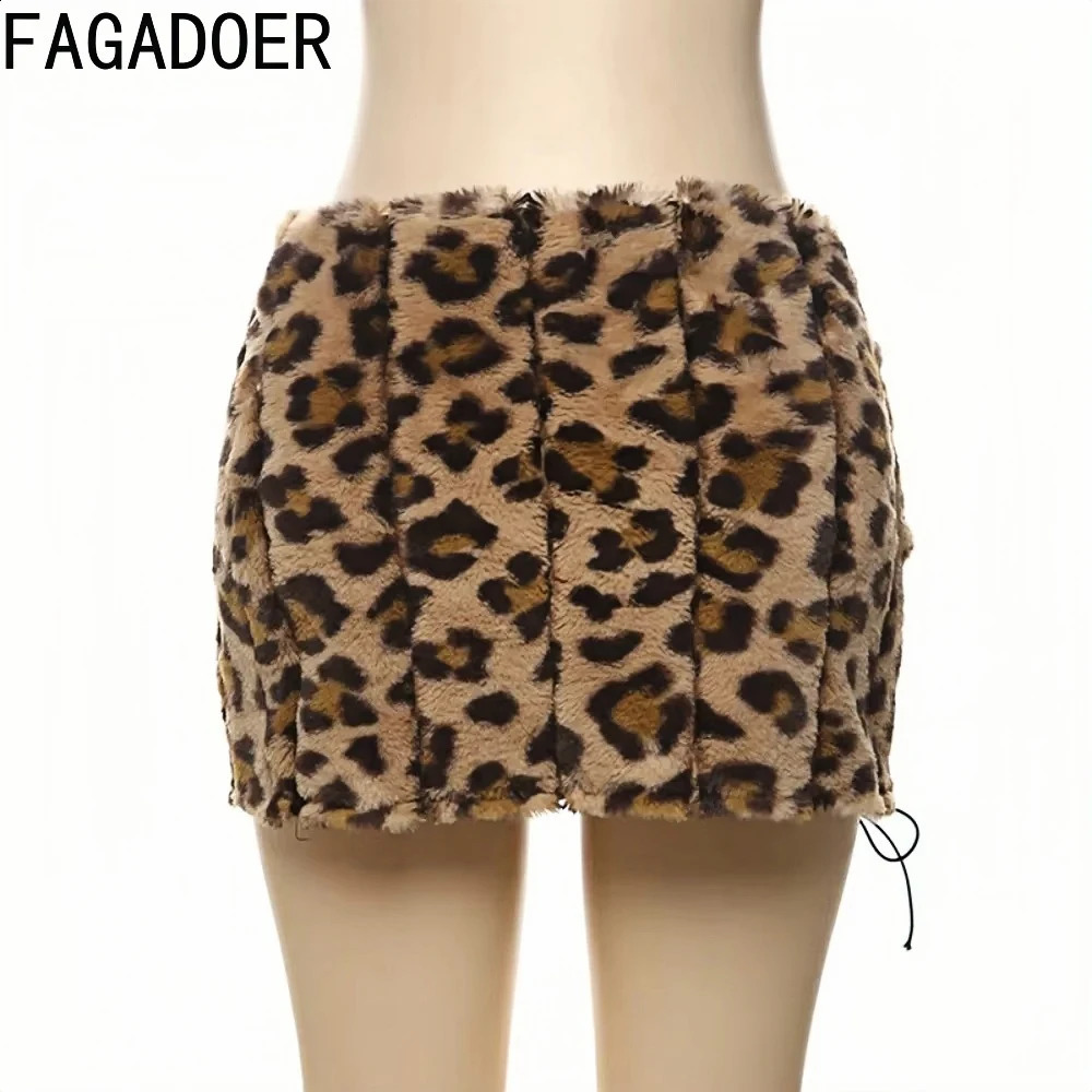 FAGADOER Leopard Fur Skirts Women Y2k Punk Gothic Bandage Lace-up Mini Skirts Girl Fashion Streetwear Autumn Clothing 250319