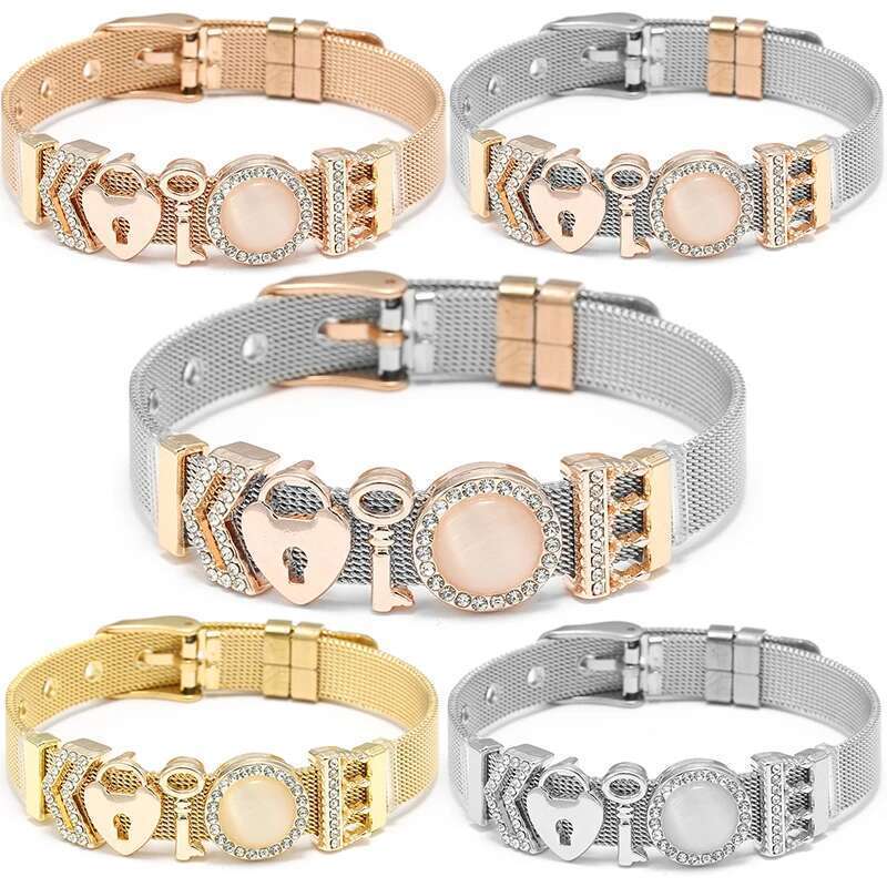 High Quality Stainless Steel Mesh Bracelets With DIY Key Lock Beads Buckle Keeper Bracelets For Women Boyfriend Jewelry Gift