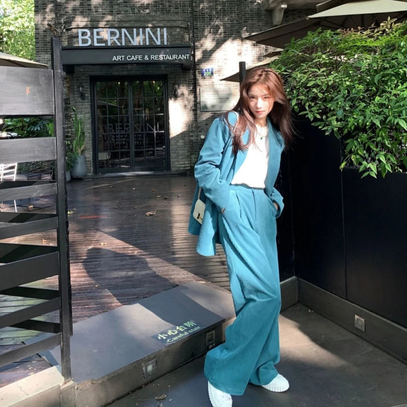 2024 Fashion England Style Blazer Set Women Corduroy Twopiece Suit Ladies Korean High Waist Wideleg Pants and Jacket 250319