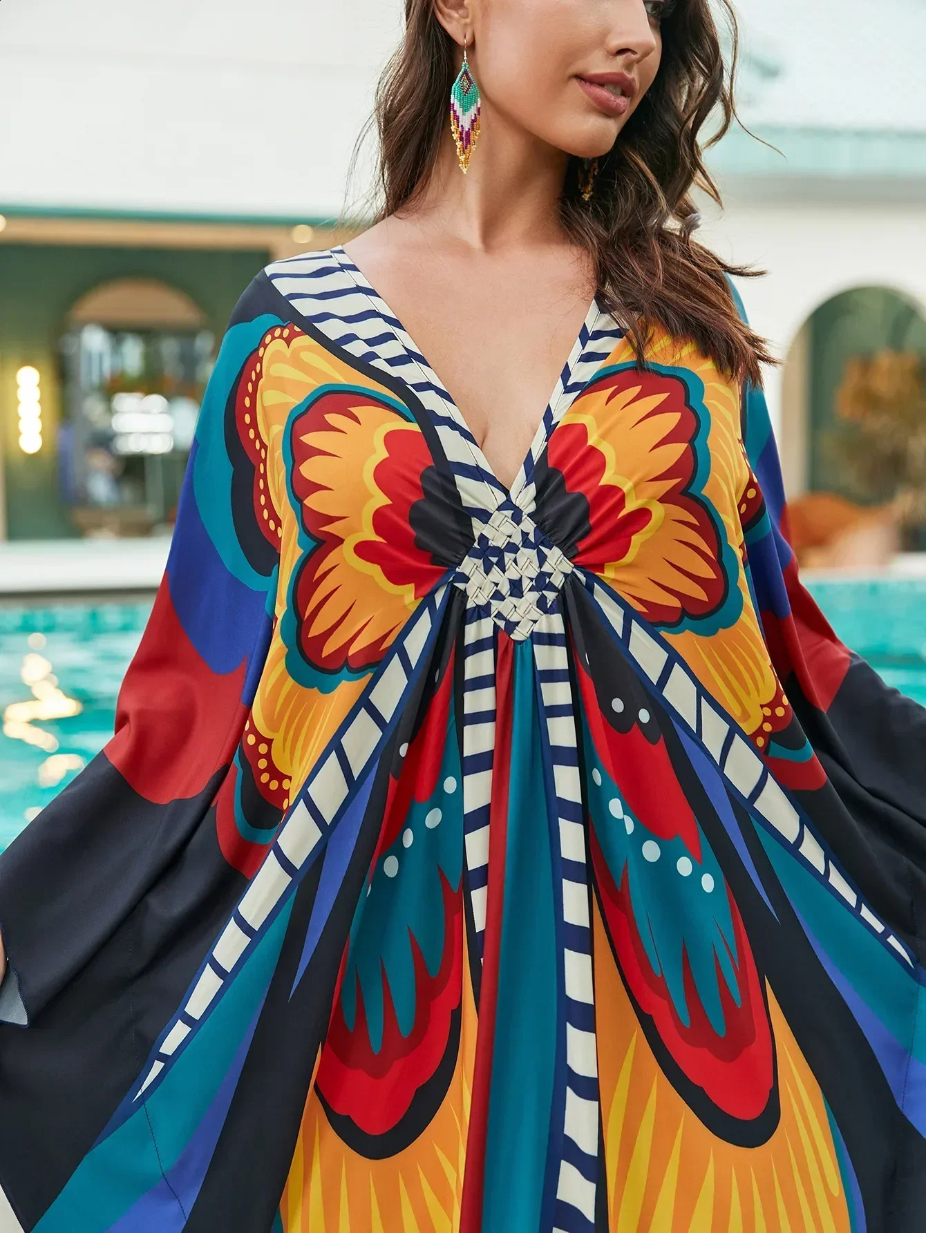 Womens ethnic printed Kaftan beach dress swimsuit plus size coverage suit 250318