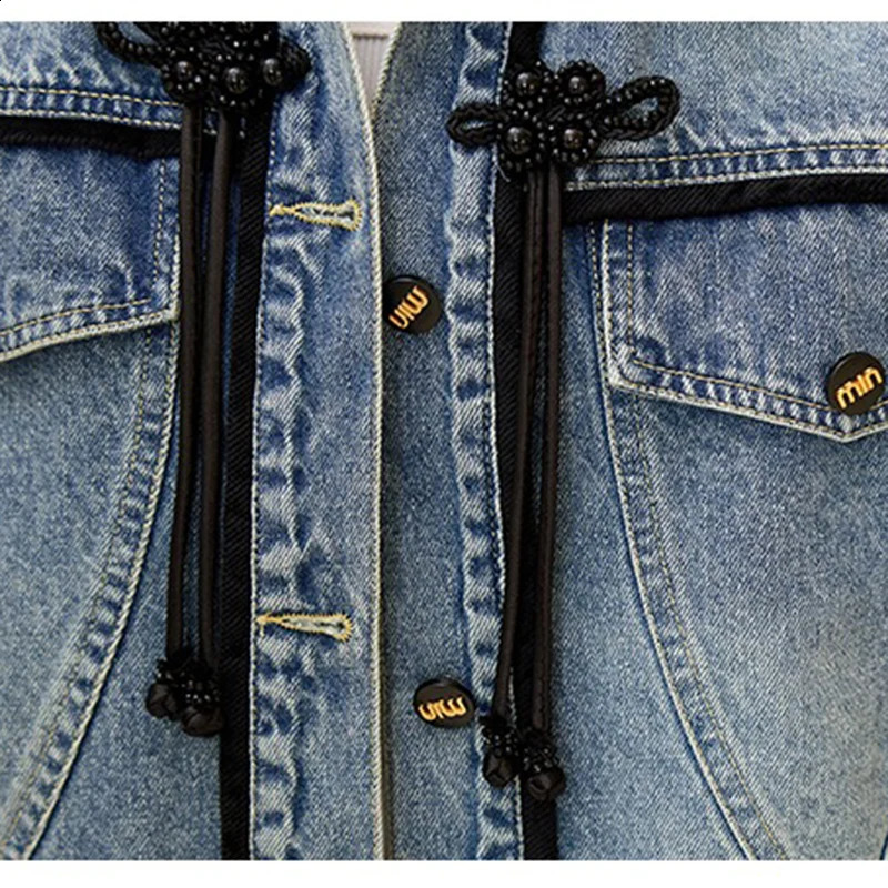 2024 Spring Denim Coat and Jacket Womens Splicing Work Color Chinese Style Tie Long Sleeve Blue Jeans 250319