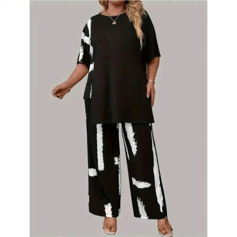 Plus Size Womens Brush Print Elegance Short Sleeve Round Neck Split Top Matching Pants 2 Piece Outfit Set 250318