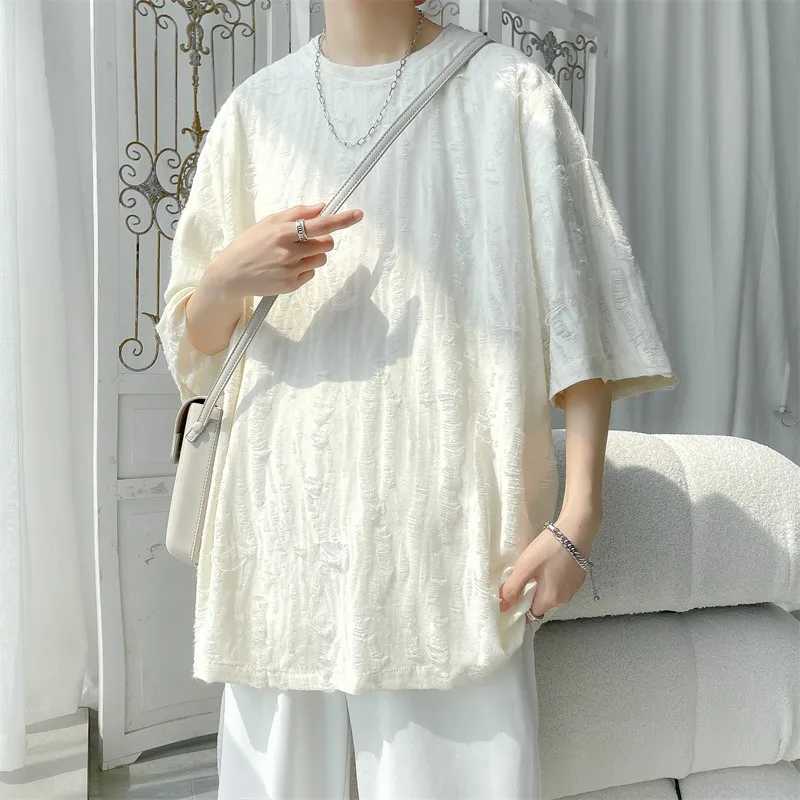 Summer fashion casual hole short sleeved mens T-shirt 2023 O-neck loose casual T-shirt mens clothingT250318