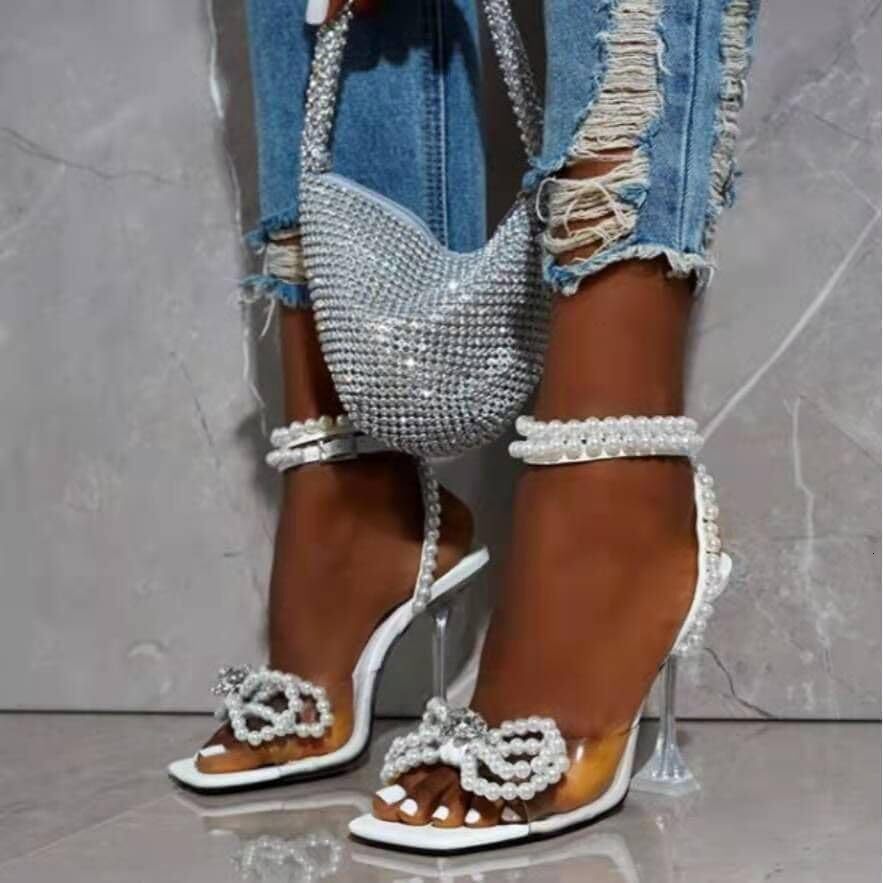 2025 Designer sandals Women's square toe transparent high heels sexy rhinestone butterfly dew toe ankle strap slim high-heeled sandals