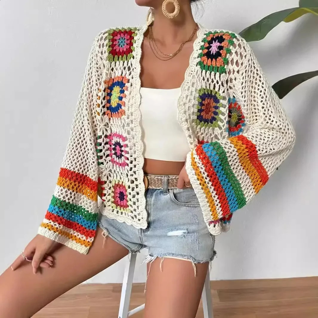 Hand-Knitted Long-Sleeve Knitwear Bohemian Colorful Plaid n Spring Autumn Womens Fashion Thin Model Made in China 250318