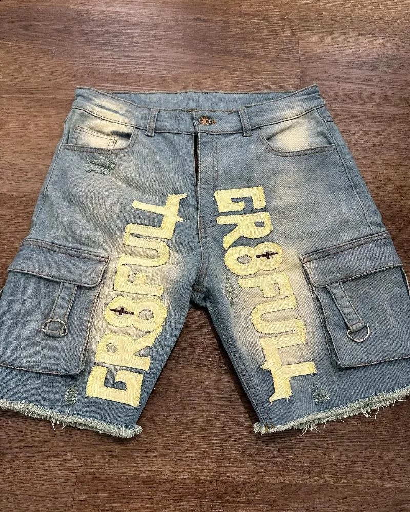 Streetwear Hip Hop Cowboy Shorts With Fashion Letter Patch Male Y2K Vintage Harajuku High Waist Casual Shorts Women 250319