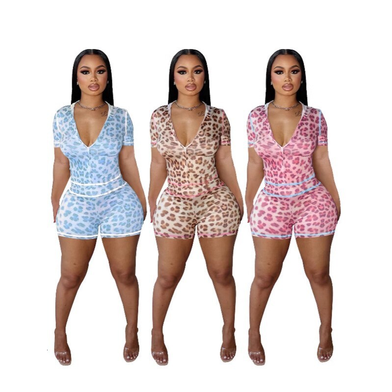 Summer Shorts Two Piece Set For women Leopard Print Zipper Hooded Print Contrasting Color Tight Fitting Hip Lifting Short Sleeved Clothes