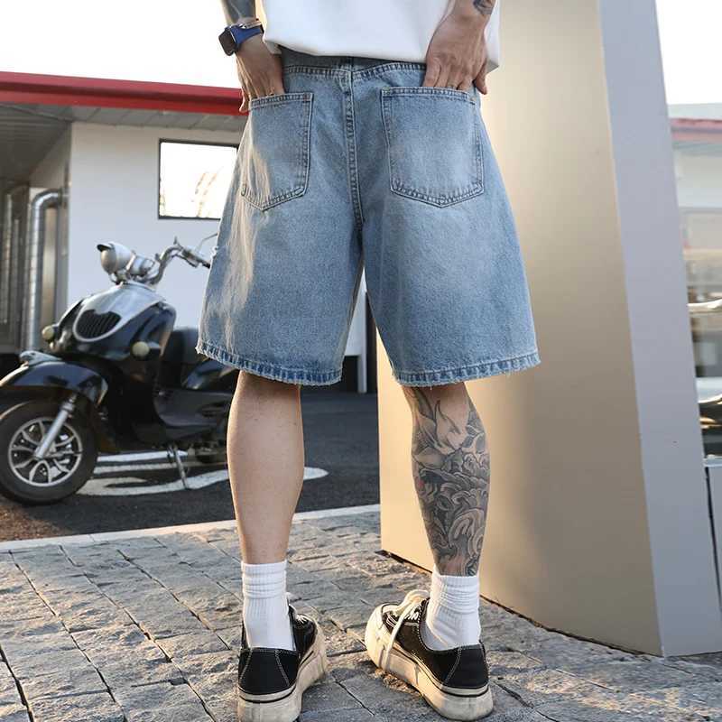 American retro washed loose jeans shorts simple matching mens summer straight trend casual five point pants W250319