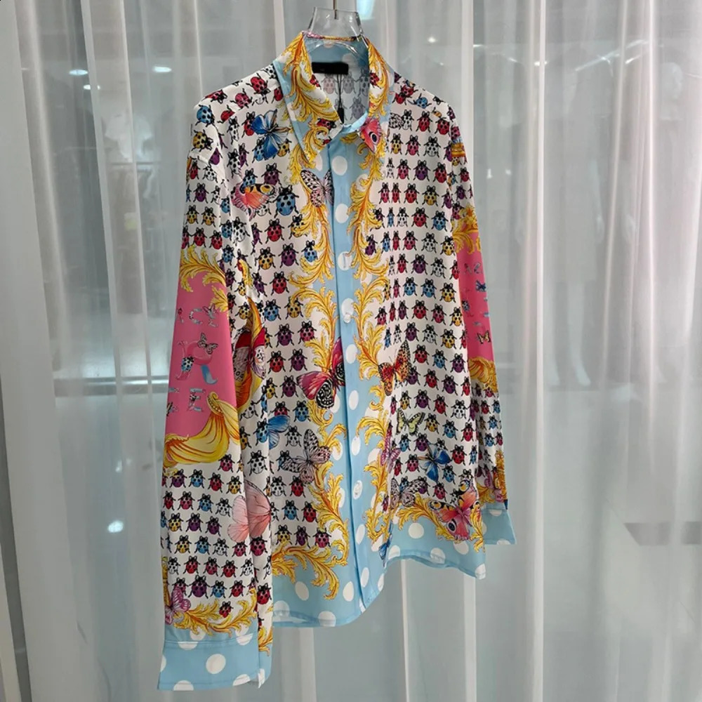 Spring and summer mens casual fashion seven star ladybug print trendy long sleeved floral loose top 250317