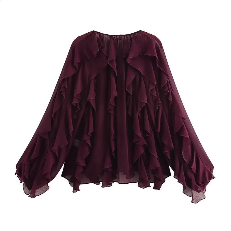Willshela Womens Fashion Solid Ruffle Single Chest Shirt Retro Vneck Long Sleeve 250319