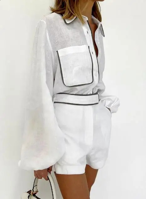 Womens Casual Shorts Set Summer Cotton Linen Long-Sleeved Black White Contrasting Color Shirt Shorts Set Two-Piece Set 250319