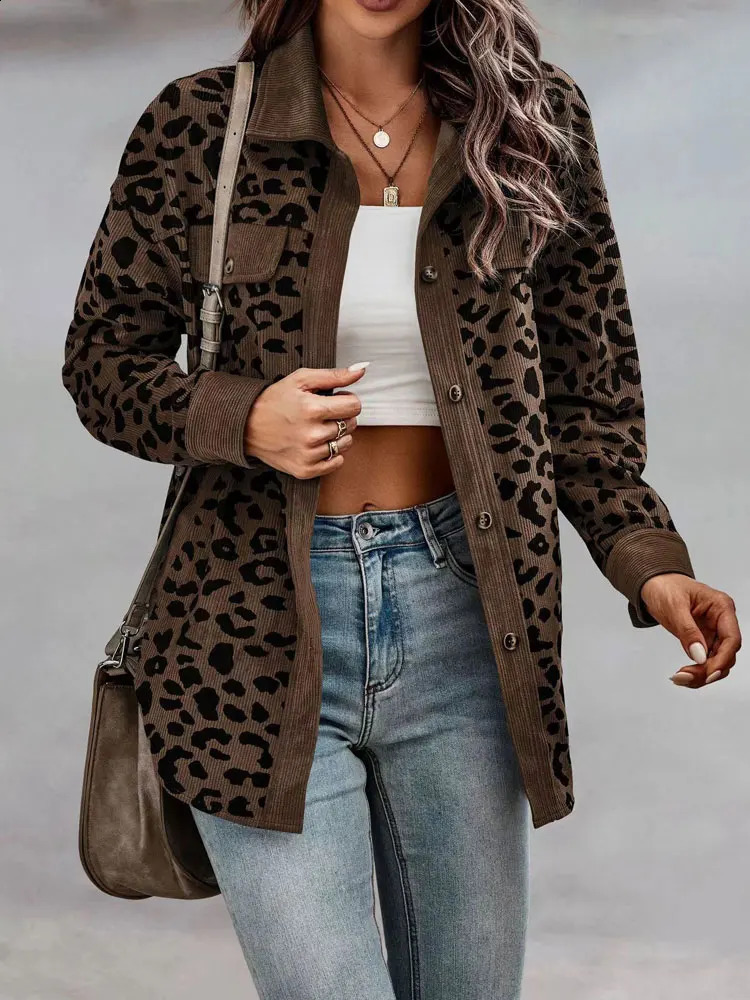 Autumn Leopard print Jacket Womens Corduroy Jacket Coat Womens Jacket Long Sleeve Winter Loose Shirt Womens Jacket 250317