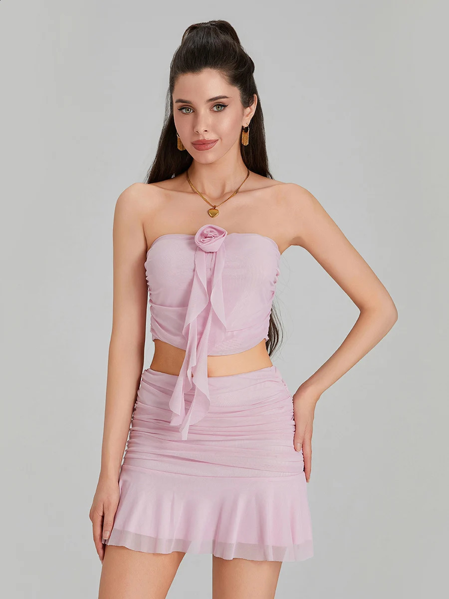 Womens 2 Piece Skirt Outfits Sleeveless Off Shoulder Mesh Bandeau Pink Mini Skirt Set 250319