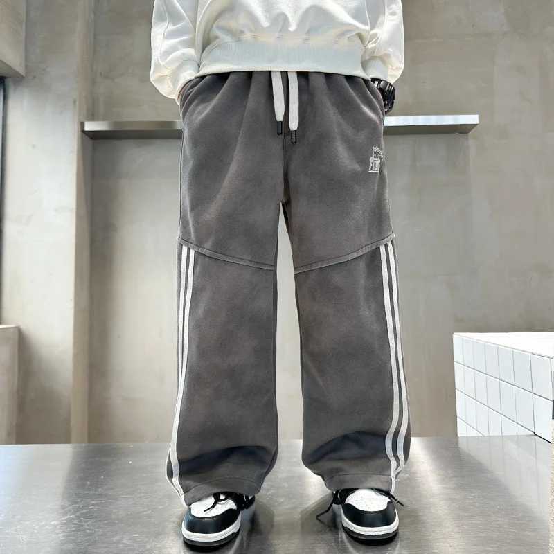 Shcool boys cool pants with stripes fashionable brown gray sports pants autumn and winter for children Trousers for teenagers 5 6 7 8 9 10 11 14T25031