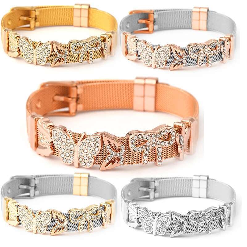 10mm Bowknot Butterfly Beads Charm Bracelets DIY Stainless Steel Mesh Keeper Bracelets Pulseras Mujer For Women Men Jewelry Gift