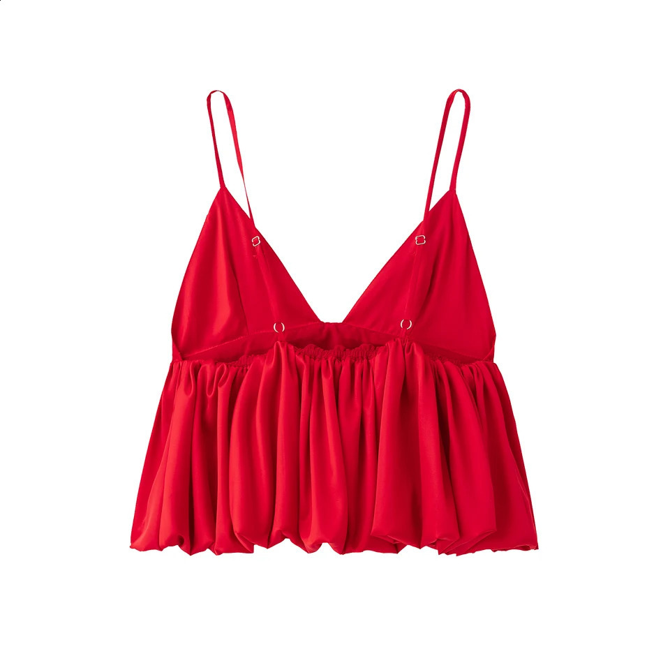 DUOPERI womens fashionable red pleated vest top retro backless thin shoulder strap Vneck 250319