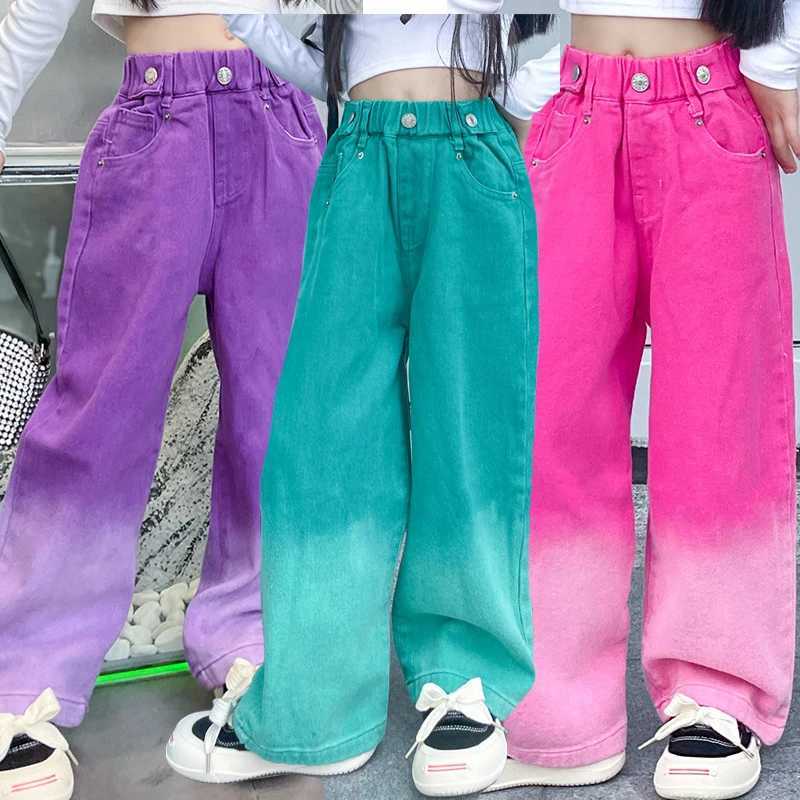 3-14Y Spring Autumn Girls Jeans Teen-agers Fashion Gradient Color Long Style Trousers For Kids Denim Wide Leg PantsT250318