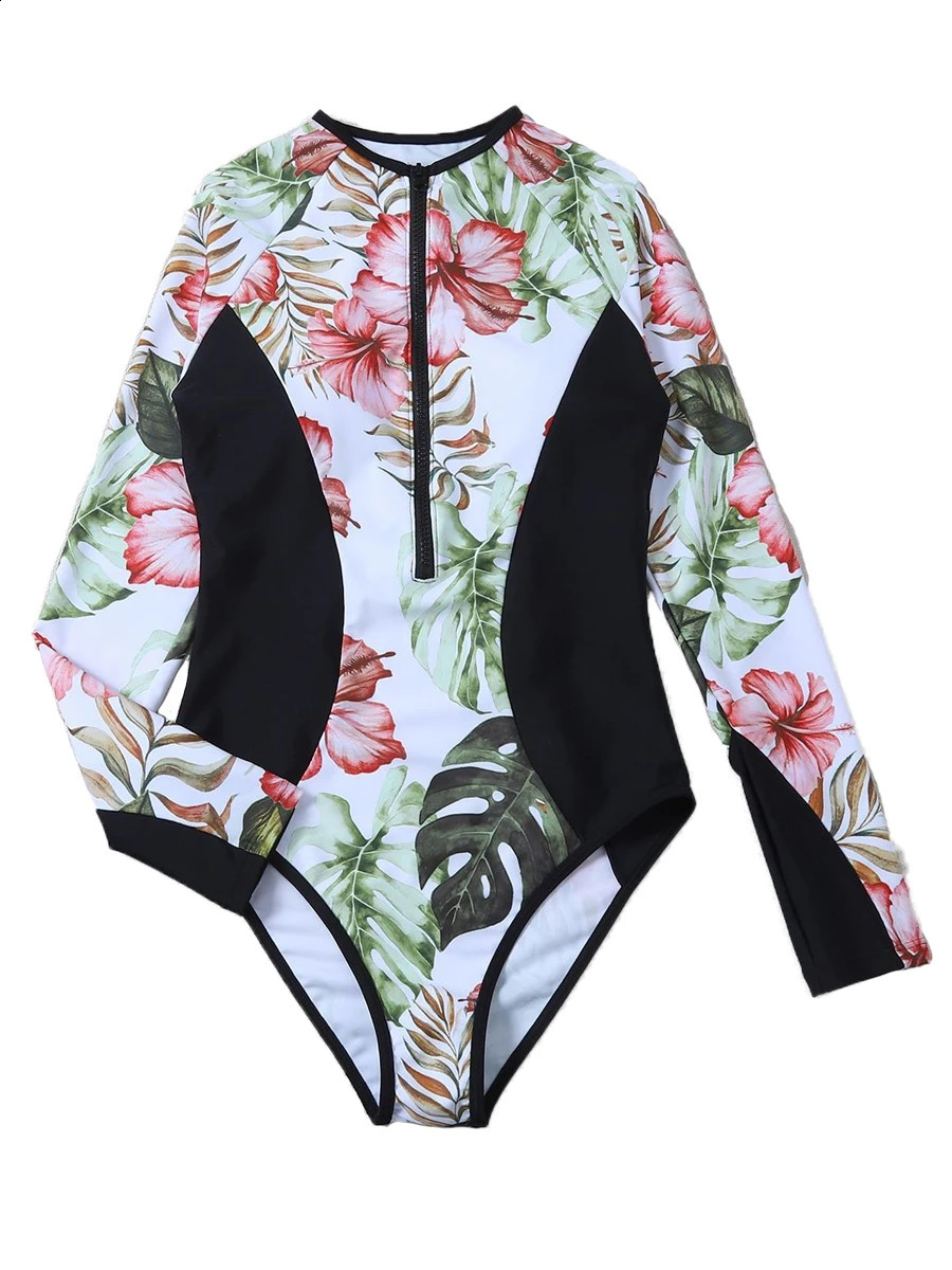 Floral print surfing swimsuit womens 2023 zipper long sleeved onepiece Bathers Rashguard sports diving suit 250312