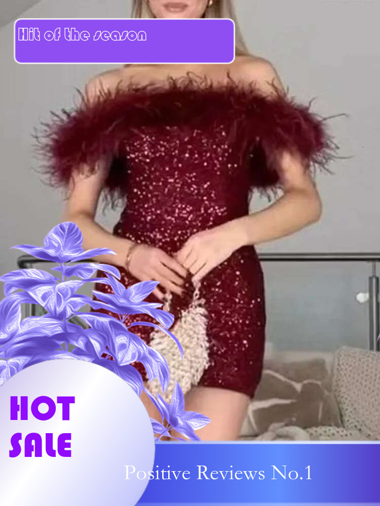dongdumaoyi Chic Solid Feather Patchwork Women Mini Dress Elegant Sequins Off shoulder Slim Female Dress Sexy Sleeveless Lady Party Robe