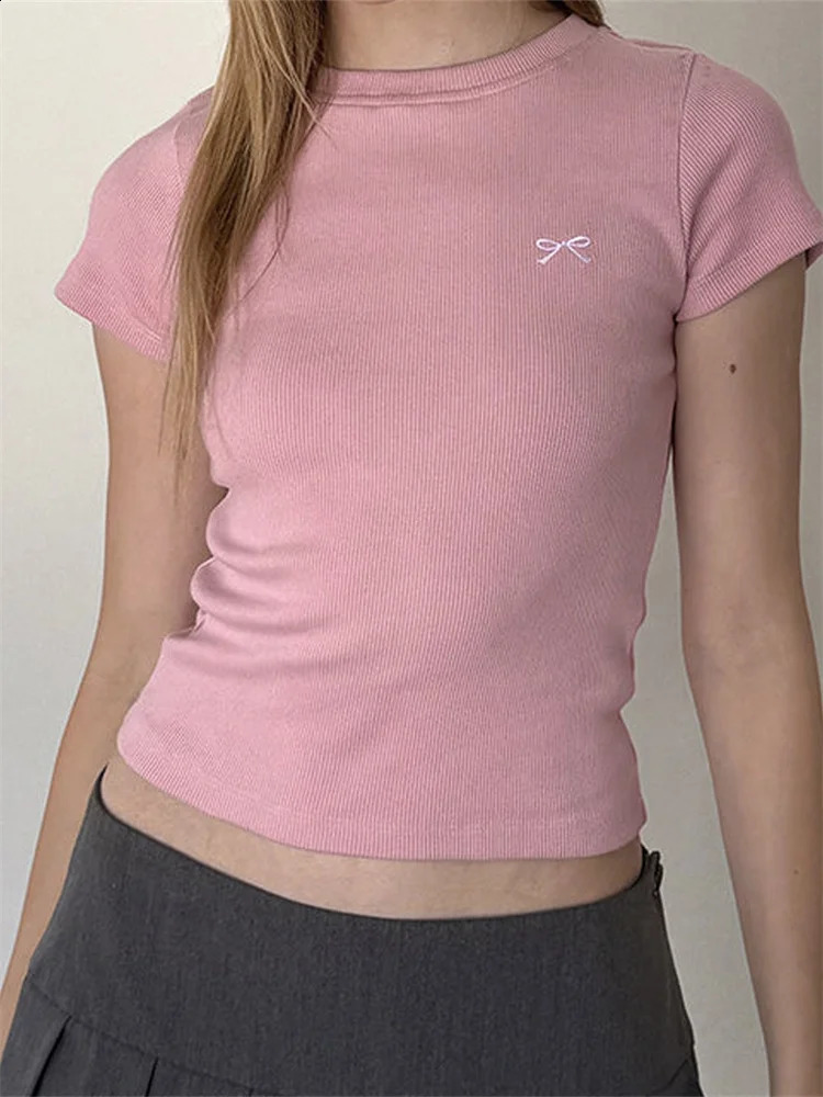 CHRONSTYLE Women Tees Shirt Crop Tops Slim Fit Round Neck Short Sleeve Bow Embroidery Ribbed T-Shirts for Summer Streetwear 250319