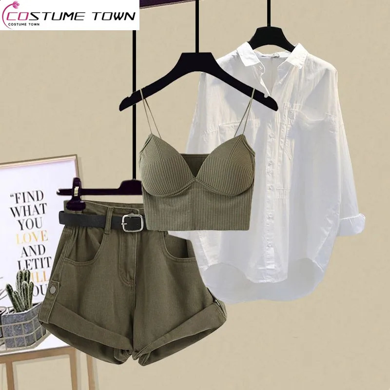 SpringSummer Fashion Womens Set Korean Edition Age Reducing Sling Casual Shirt Shorts Three Piece Set 250319