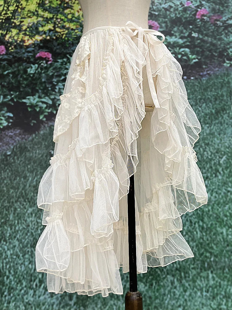 Gothic Lolita Lace Mesh Ruffles Fairy Princess Party Skirt Women Asymmetrical Cute Curtain Sheer Cover Up Thin Long Skirt White 250313