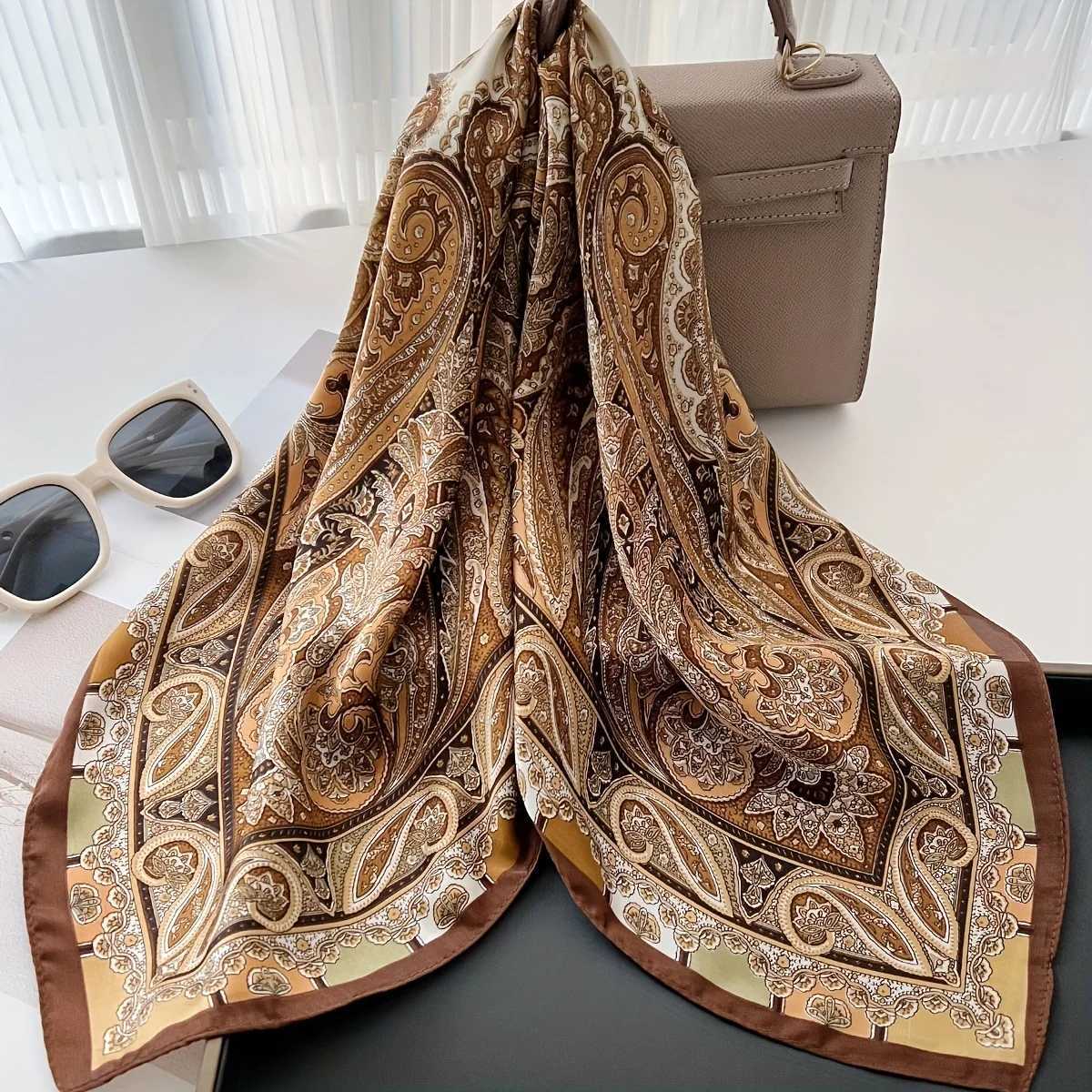 27.56 Paisley Print Small Square Scarf Simated Silk Thin Neck Scarf Mature Style Sunscreen Scarf For Wen X250319