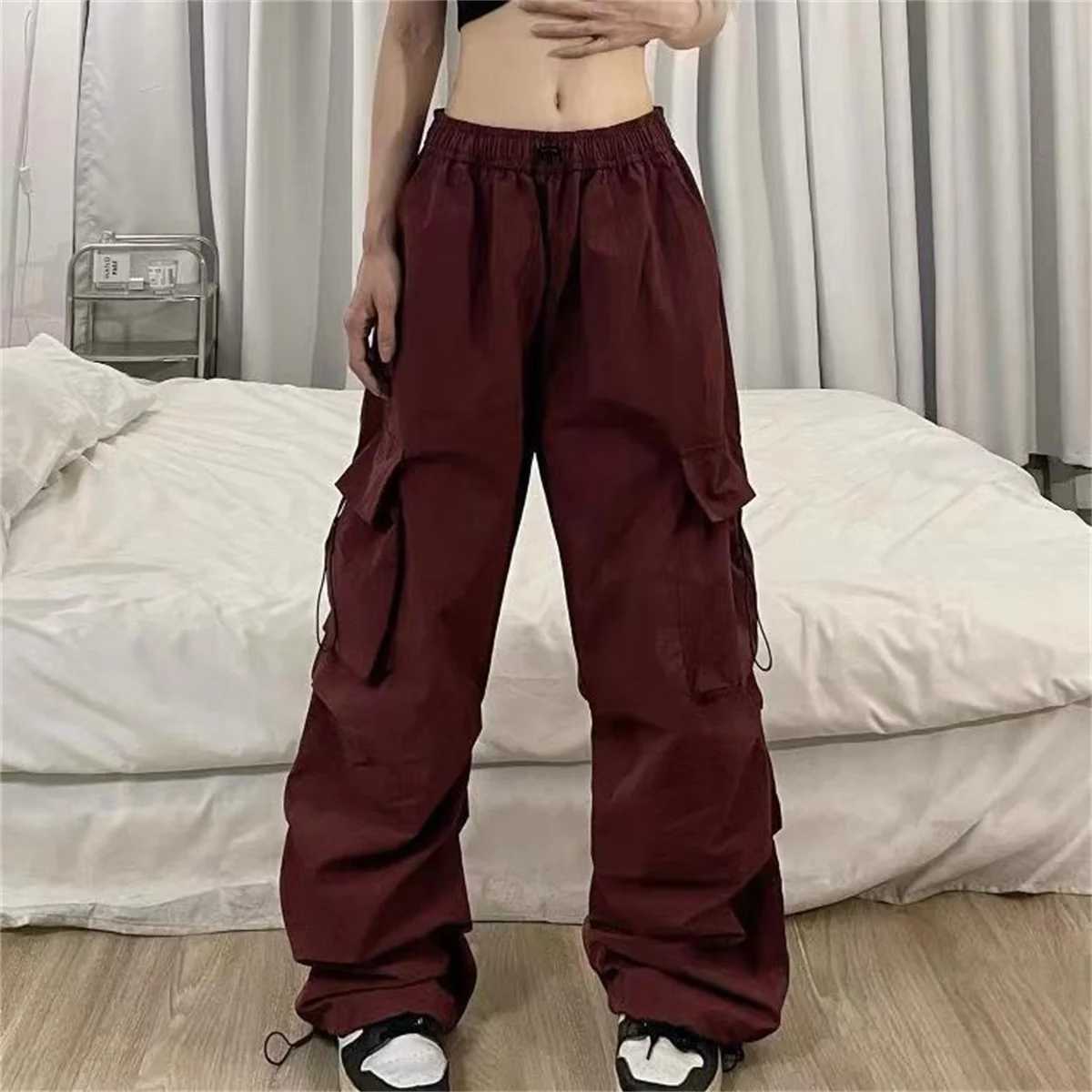 Red large pockets goods pants womens high waisted loose streetwear luggage tactical handcart fashionable hip-hop runner womens handcartT250318