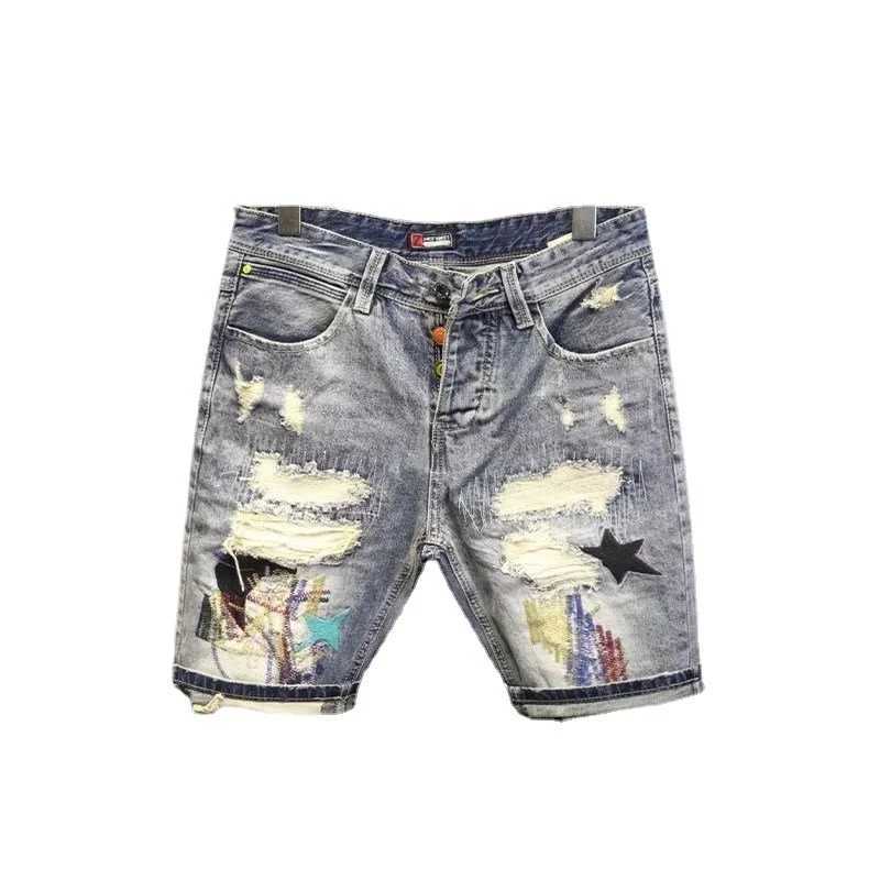 Summer mens fashion scratch patch beggar denim shorts hip-hop washable denim shorts casual shorts W250319