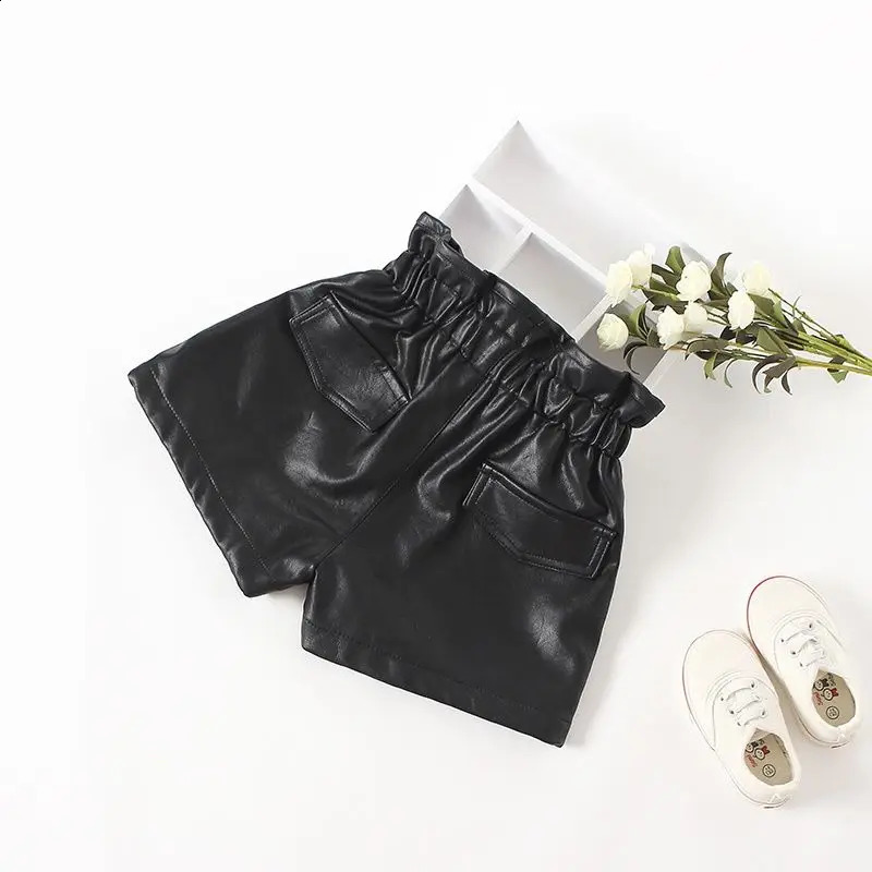 Spring Summer Autumn Girls Fashion Pu Leather Shorts with Buttons 250319