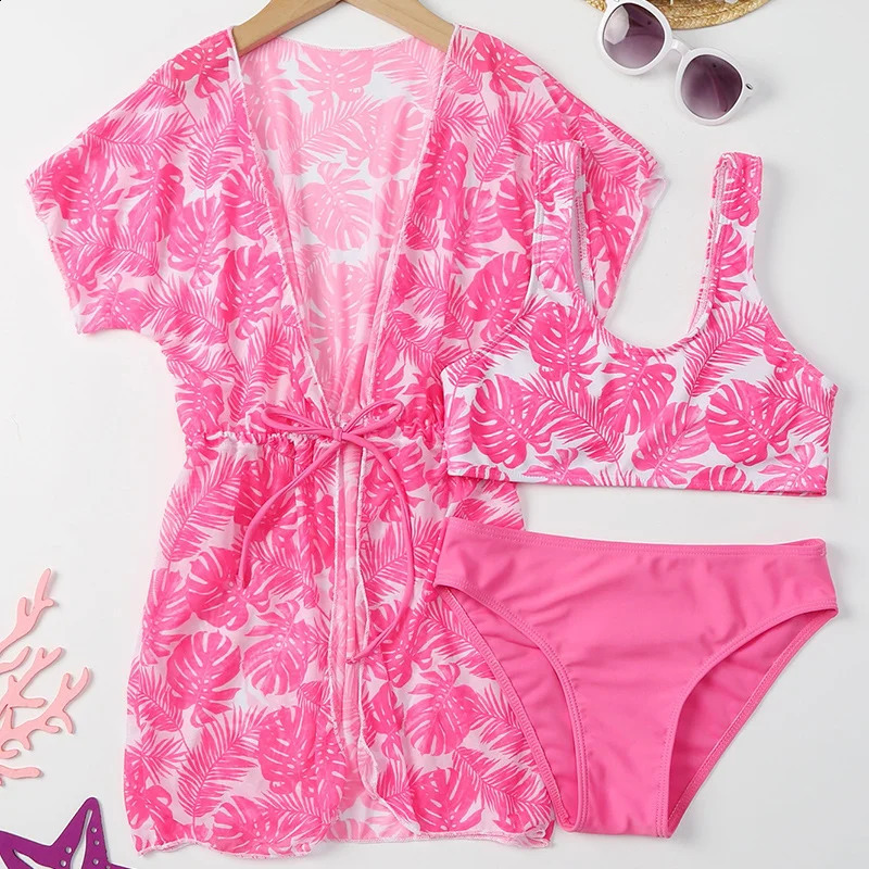 Girls 3pack Leaf Print High Waist Bikini Kids Swimsuit Kimono 7-12 Years Childrens Swimwear Teens Bathing Suit Beach Wear 250319